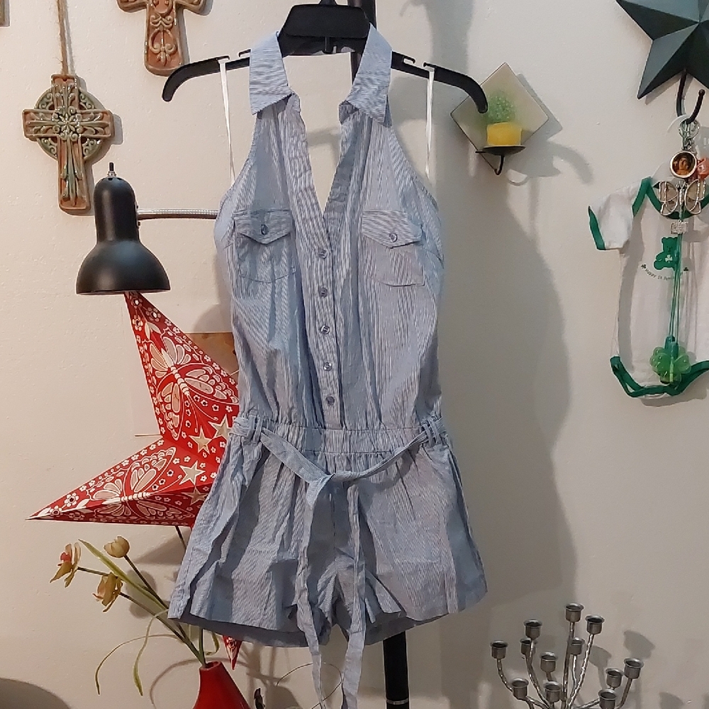 Blue And White Striped Halter Romper